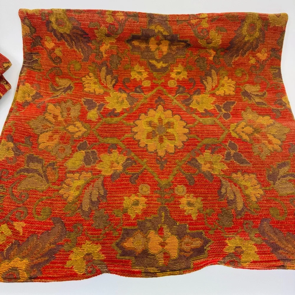 THREE Crate & Barrel double sided 22” tapestry throw pillow covers red gold grn